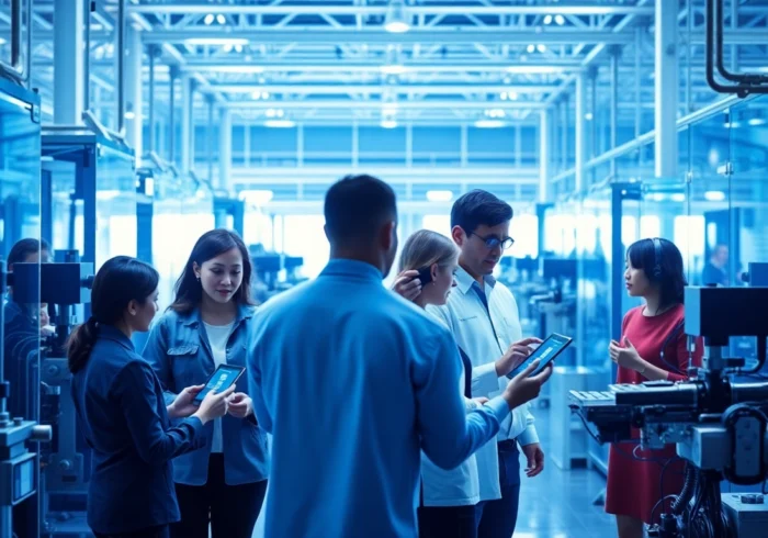 Manufacturing professionals collaborating with technology in a modern facility.