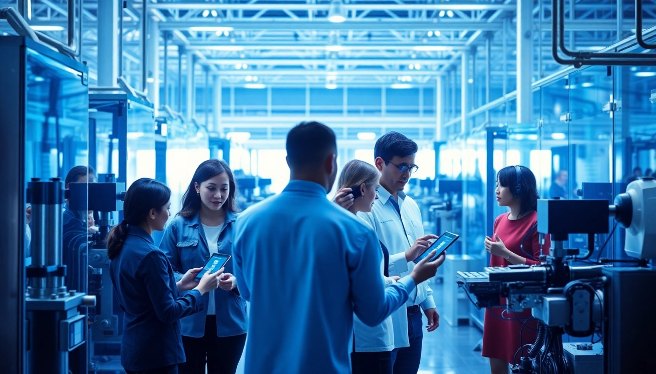 Manufacturing professionals collaborating with technology in a modern facility.