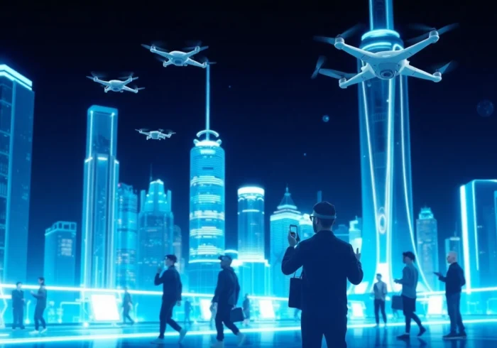 Explore city skyline showcasing advanced technology with flying drones and augmented reality devices.