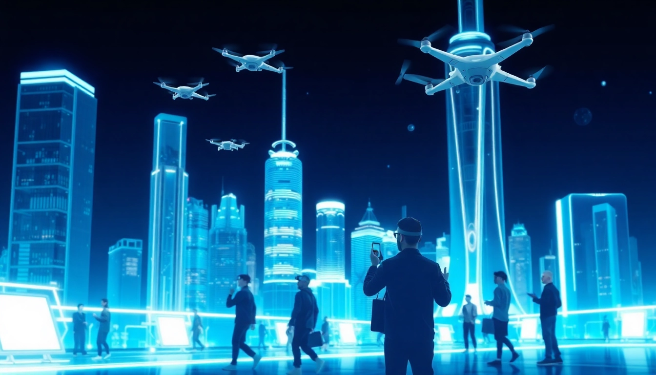 Explore city skyline showcasing advanced technology with flying drones and augmented reality devices.