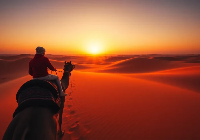 Comfortable camel ride along the sandy dunes highlights a Fes to Marrakech desert tour adventure under a setting sun.