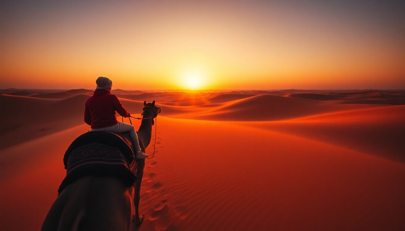 Comfortable camel ride along the sandy dunes highlights a Fes to Marrakech desert tour adventure under a setting sun.