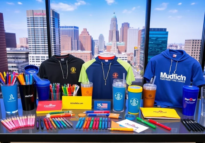 A variety of promotional products in Louisville, including branded pens, drinkware, and apparel, showcased with professional branding and city skyline backdrop for local appeal.