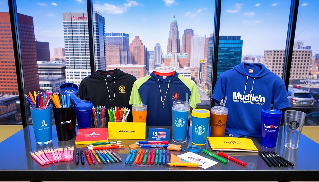 A variety of promotional products in Louisville, including branded pens, drinkware, and apparel, showcased with professional branding and city skyline backdrop for local appeal.