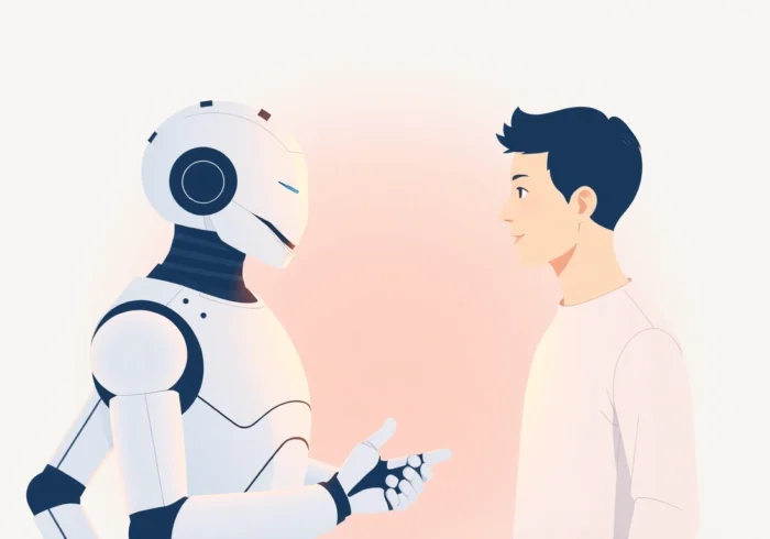 Human or Not AI: Interactive scene of a person and a chatbot engaging in a conversation, highlighting AI detection challenge for users.