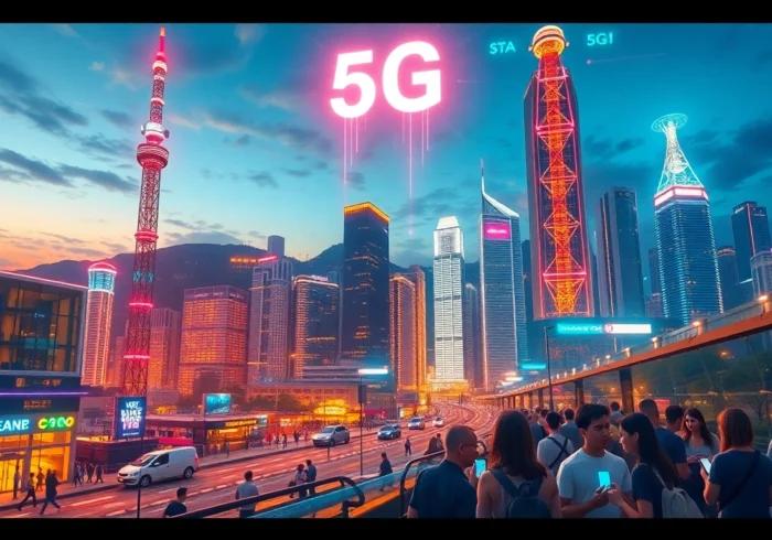 香港繁忙市區夜景，展現5G網絡信號與數位連接科技氛圍