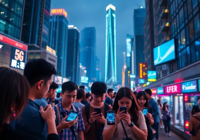 香港繁華夜景，展示多元化的人群使用5G手機，象徵著快速的數據傳輸和連接。