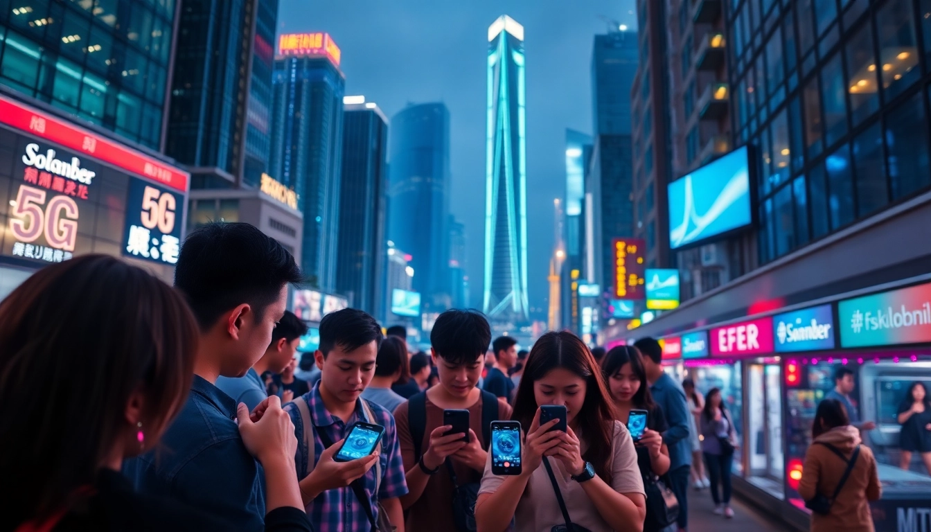 香港繁華夜景，展示多元化的人群使用5G手機，象徵著快速的數據傳輸和連接。