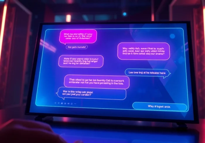 Futuristic AI chat interface with neon text bubbles in a modern tech environment.