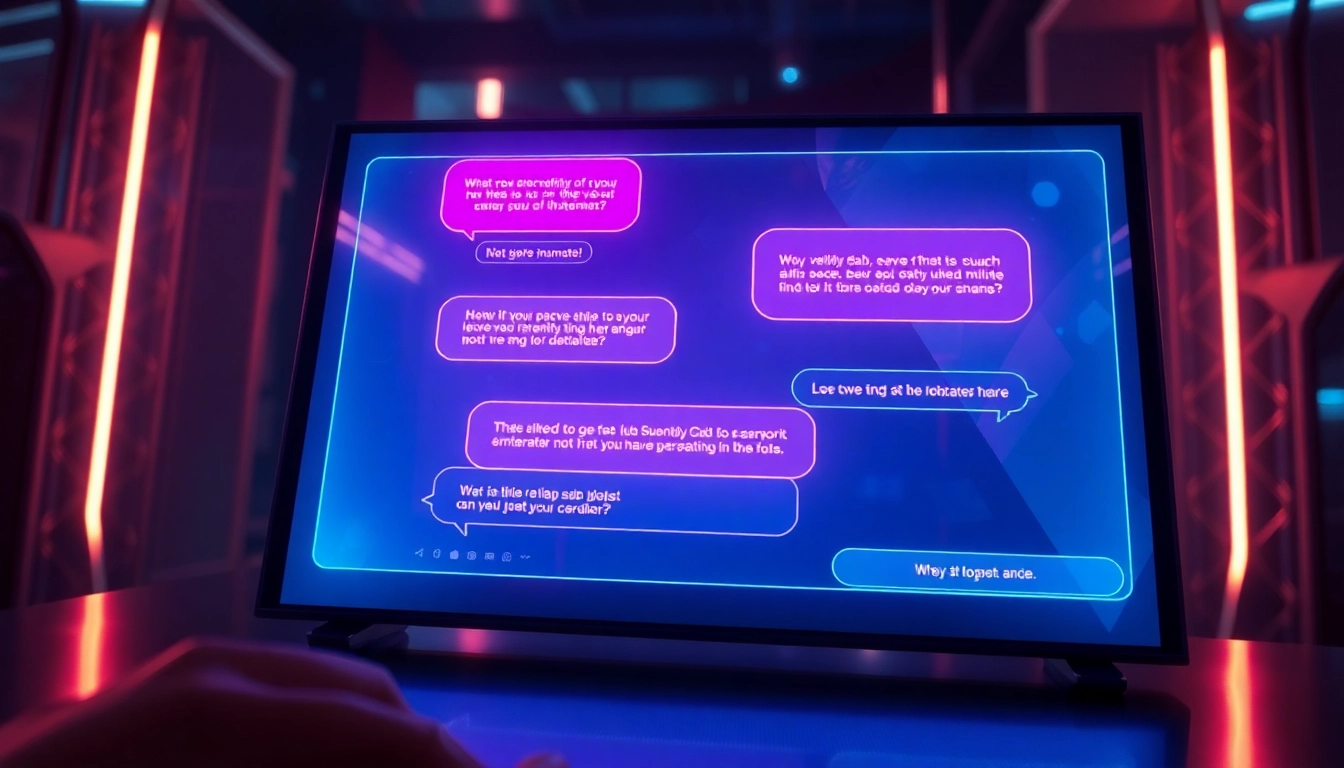 Futuristic AI chat interface with neon text bubbles in a modern tech environment.