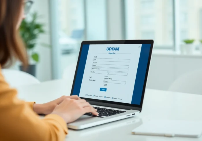 Udyam registration online process being completed on a laptop in a professional setting, highlighting simplicity and digital convenience.