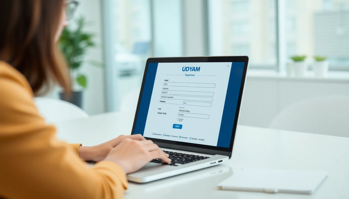 Udyam registration online process being completed on a laptop in a professional setting, highlighting simplicity and digital convenience.
