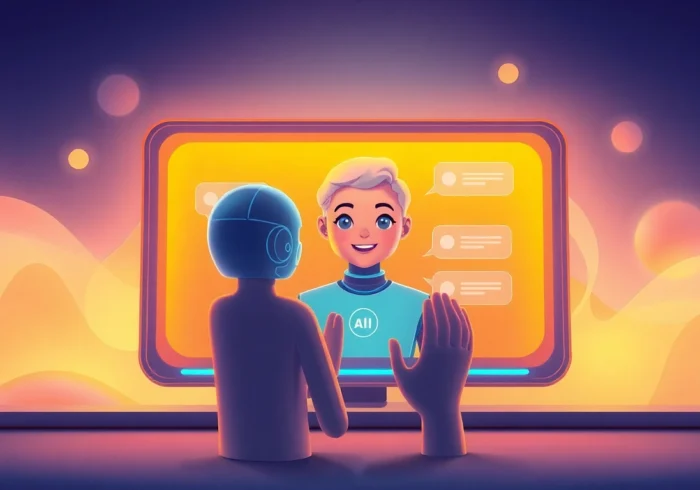 A user chatting with a realistic AI character in a modern interface.