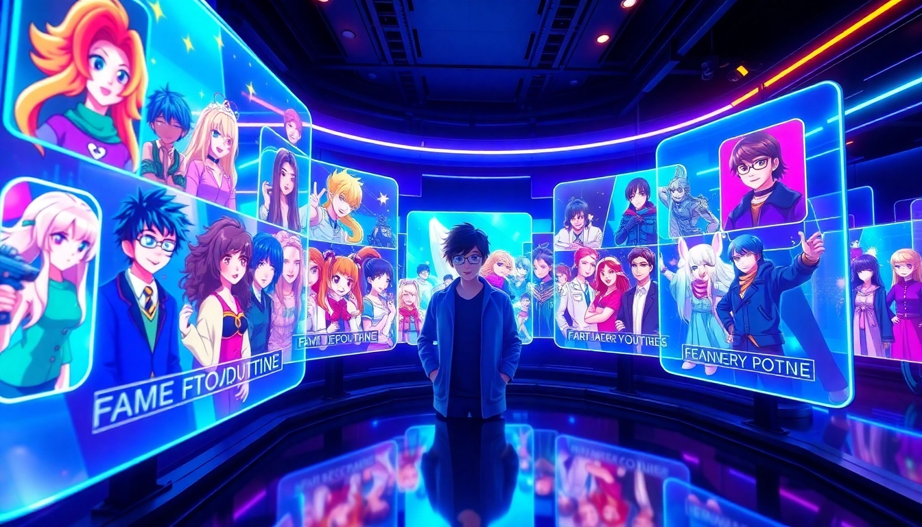Futuristic social media scene with AI characters and holographic displays representing fandoms and digital interactions.