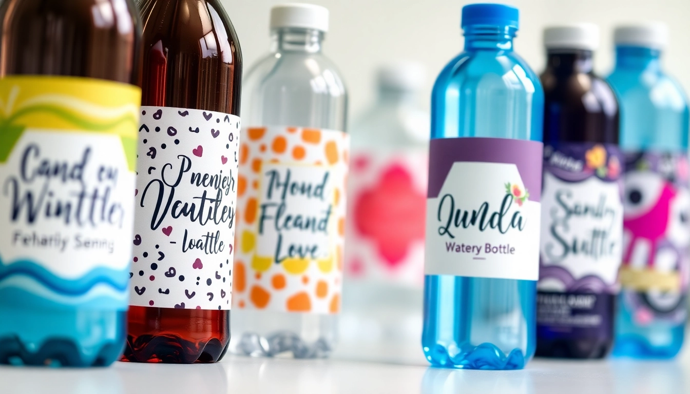 Create eye-catching custom water bottle labels with waterproof finish for events, branding, or gifts, showcasing vibrant designs on bottles.