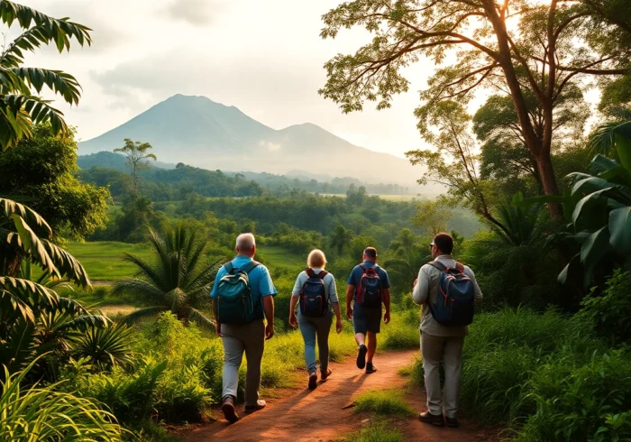 Guided hike in Lombok showcasing a group trekking through tropical forests with mountain views, led by an expert guide for nature enthusiasts.