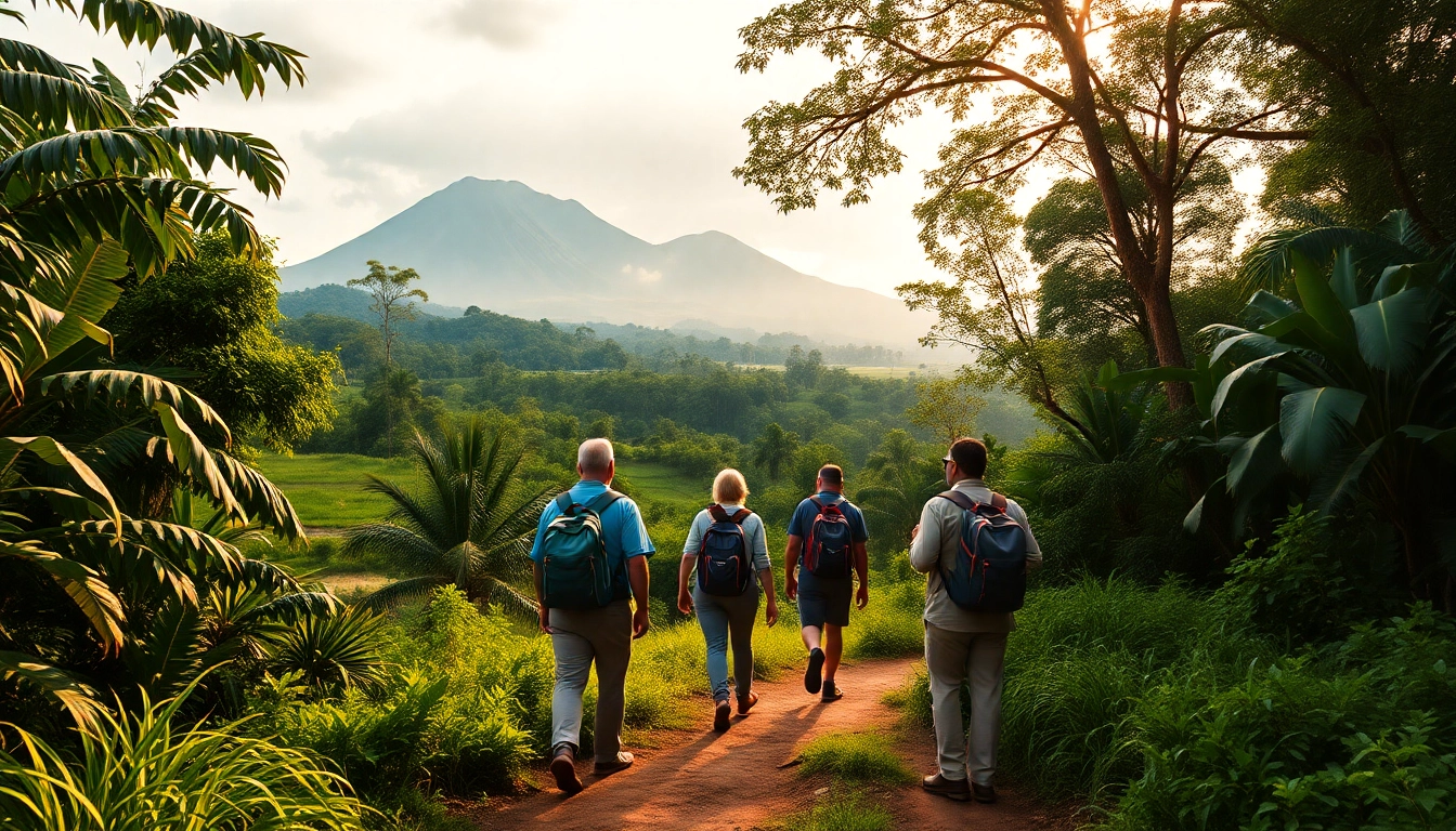 Guided hike in Lombok showcasing a group trekking through tropical forests with mountain views, led by an expert guide for nature enthusiasts.