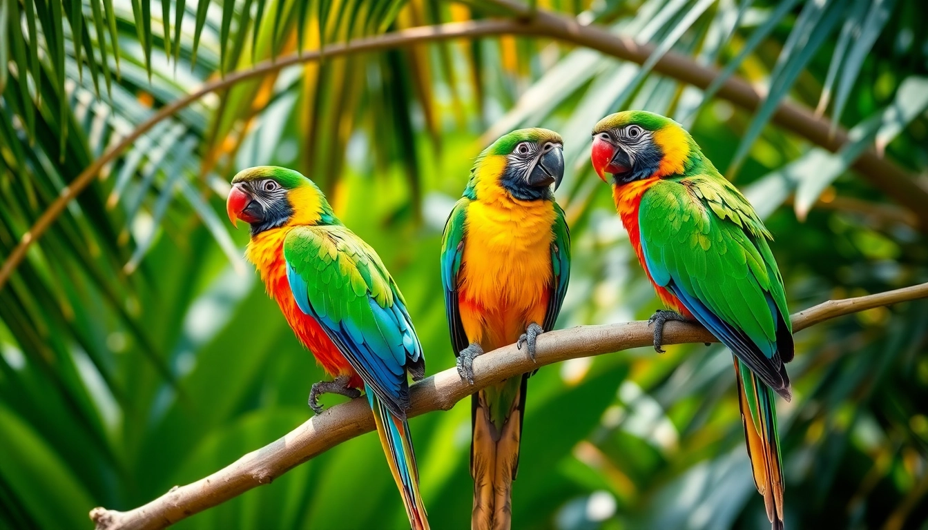 Vivid parrots with striking plumage actively foraging in a tropical rainforest setting.