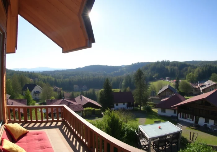 Saalfeld scenic panorama showcasing lush Thüringer Wald with holiday apartment in foreground, inviting nature lovers.