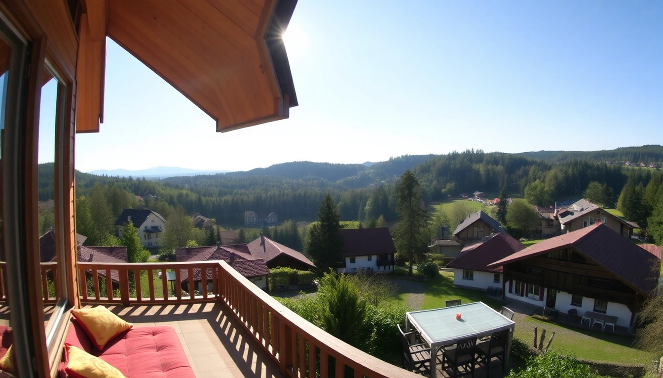 Saalfeld scenic panorama showcasing lush Thüringer Wald with holiday apartment in foreground, inviting nature lovers.