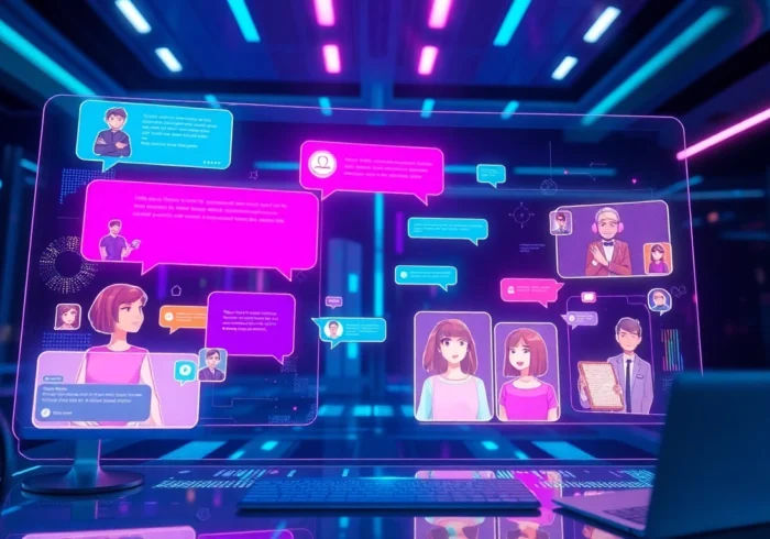 Futuristic AI chatbot interface with holographic screens and expressive avatars in a modern workspace.