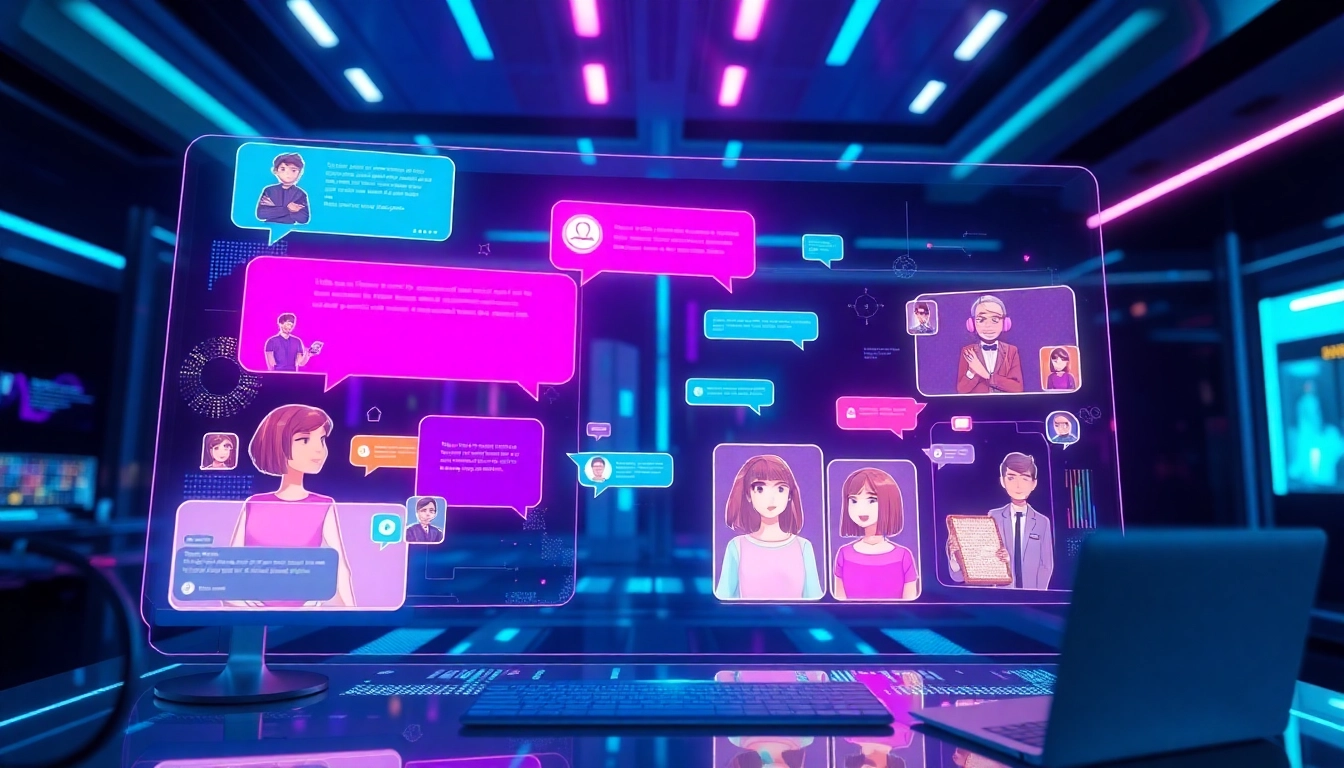 Futuristic AI chatbot interface with holographic screens and expressive avatars in a modern workspace.