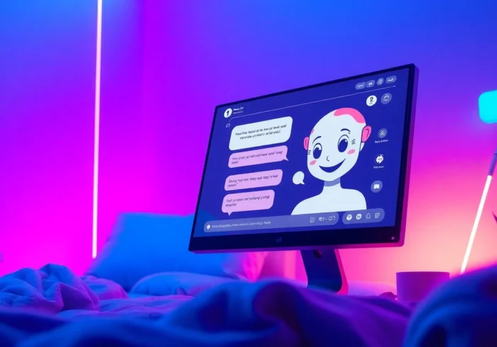Futuristic digital scene of an AI adult chat setup with a virtual character on screen in a neon-lit room.