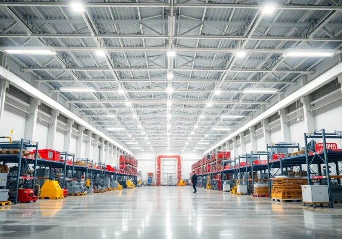 Moderne LED-Industriehallenbeleuchtung in einer großen Produktionshalle