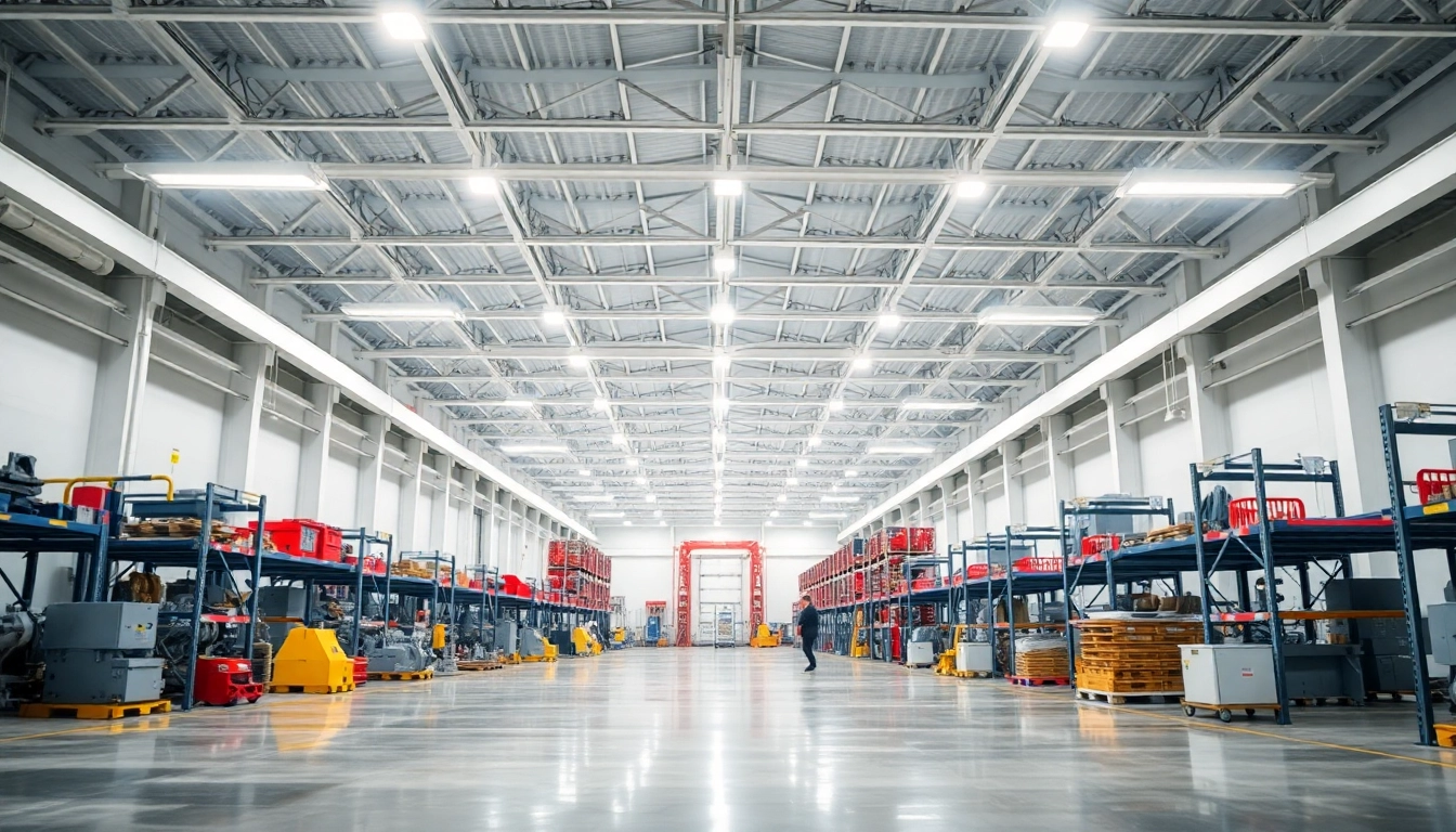 Moderne LED-Industriehallenbeleuchtung in einer großen Produktionshalle