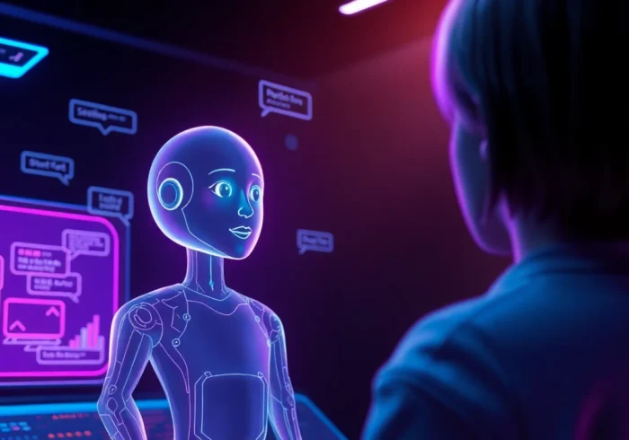 Futuristic digital scene of an AI chat interface with a holographic character in a dark, neon-lit environment.