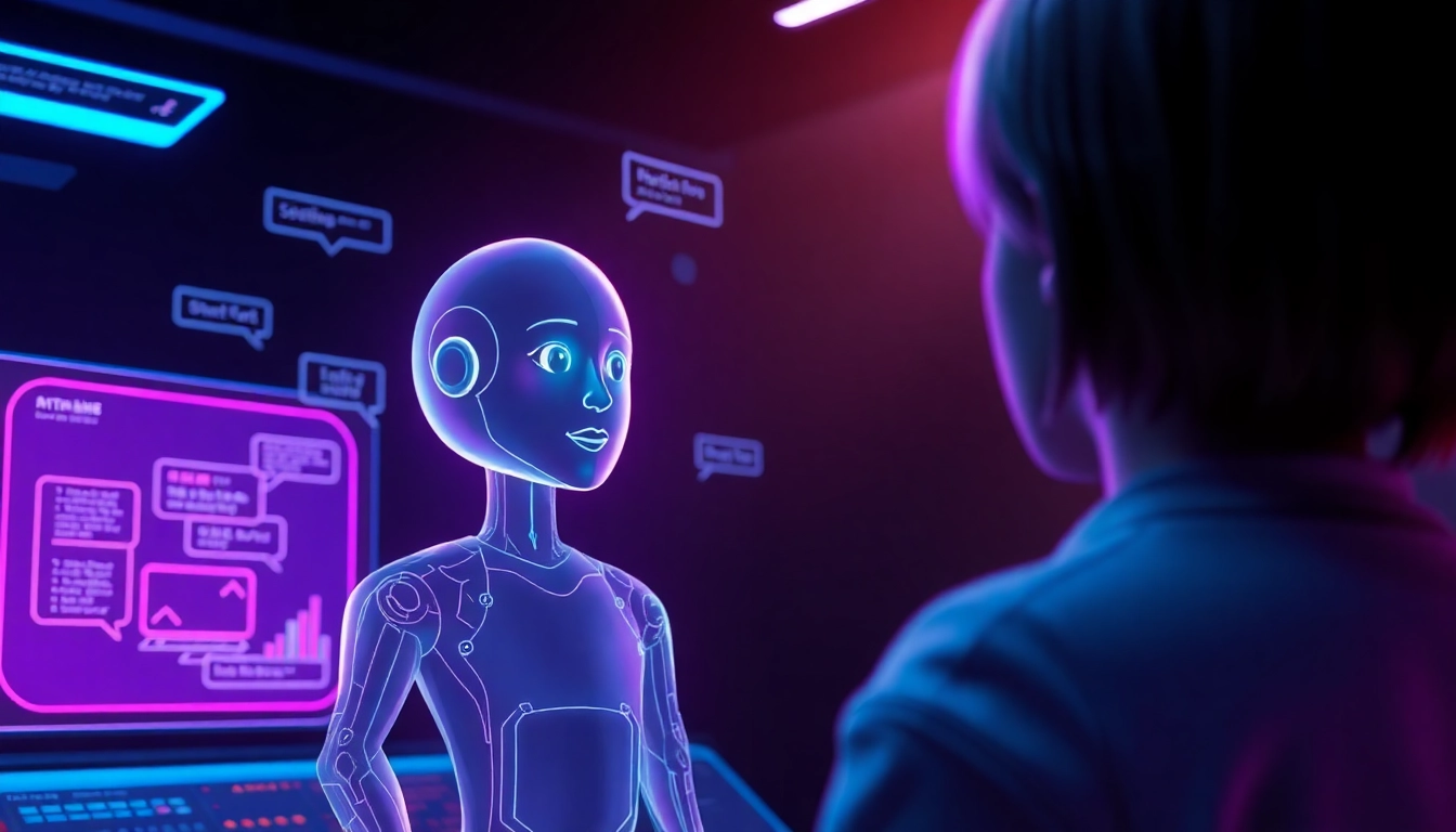 Futuristic digital scene of an AI chat interface with a holographic character in a dark, neon-lit environment.