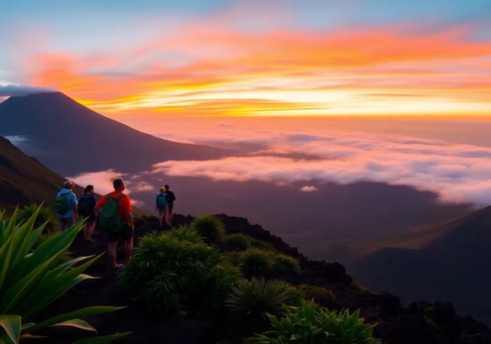 An early morning view of Mount Rinjani's crater rim with hikers overlooking the landscape at sunrise.