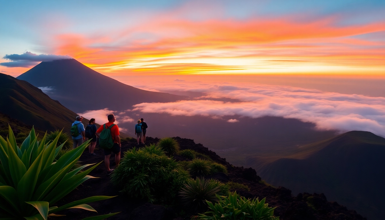 An early morning view of Mount Rinjani's crater rim with hikers overlooking the landscape at sunrise.