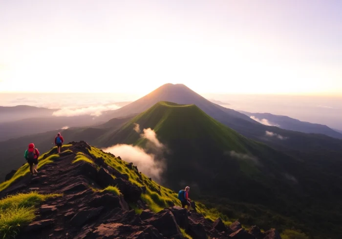 Hikers ascending Mount Rinjani at sunrise with lush greenery and volcanic landscape in the background.