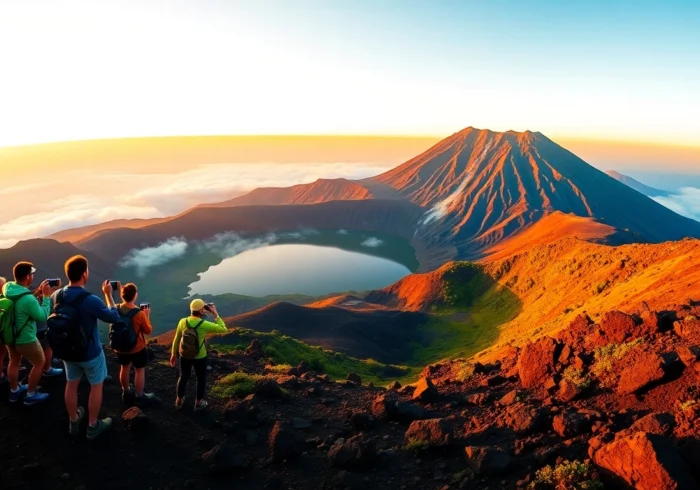 An awe-inspiring view of Mount Rinjani's crater rim at sunrise with hikers enjoying the scene and the steaming crater lake in the background.