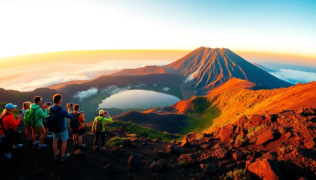 An awe-inspiring view of Mount Rinjani's crater rim at sunrise with hikers enjoying the scene and the steaming crater lake in the background.