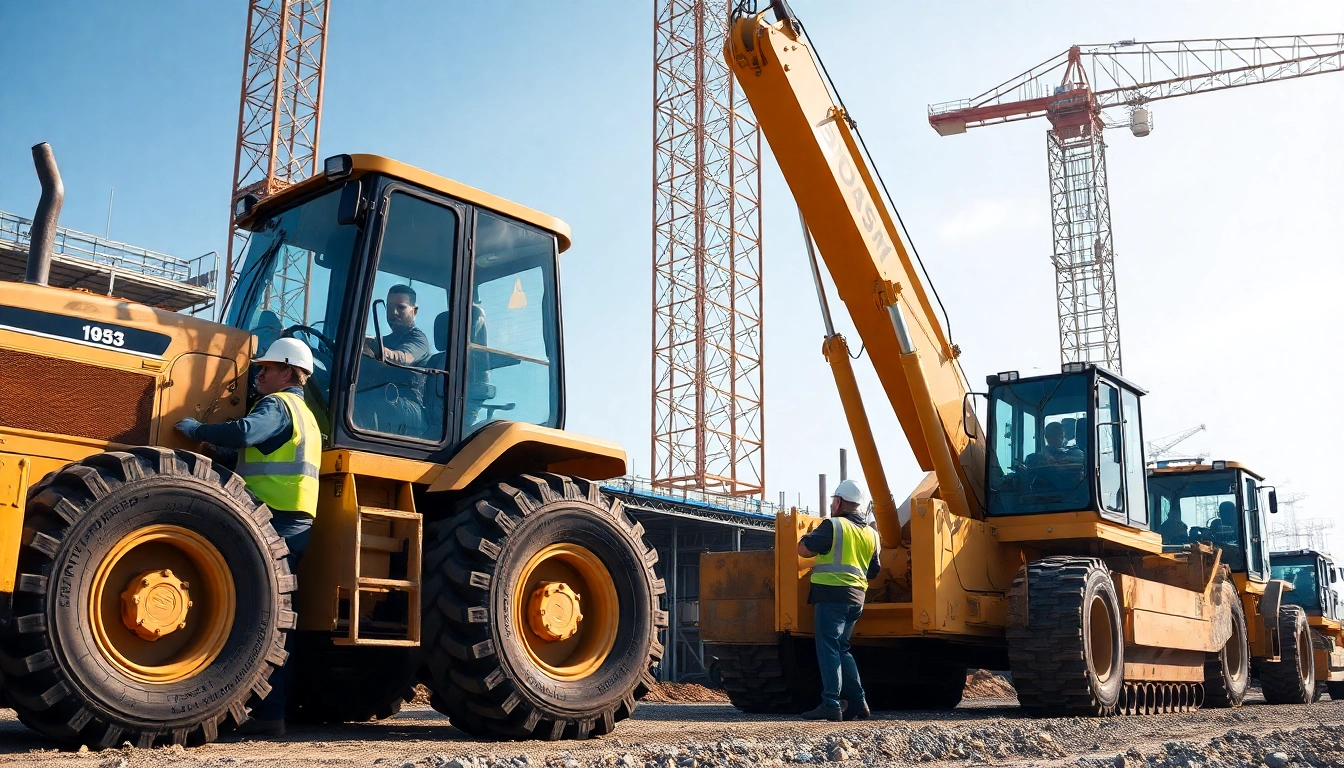 Construction equipment rental featuring heavy machinery in use on a construction site, highlighting reliable tools for building projects.