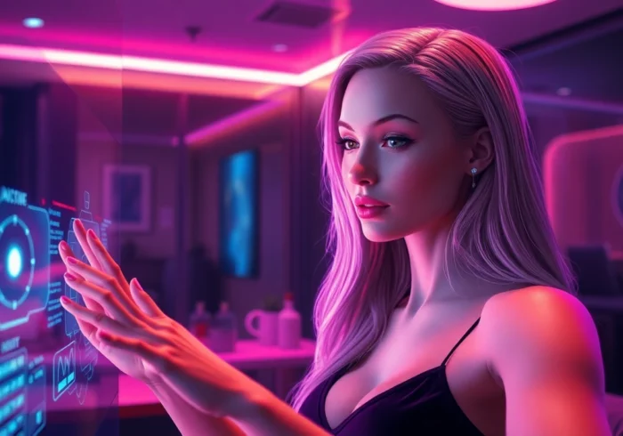 A digital scene of an AI character in a dimly lit, neon-lit room with holographic interfaces, emphasizing intimacy and advanced technology.