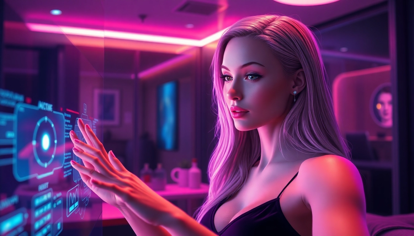 A digital scene of an AI character in a dimly lit, neon-lit room with holographic interfaces, emphasizing intimacy and advanced technology.