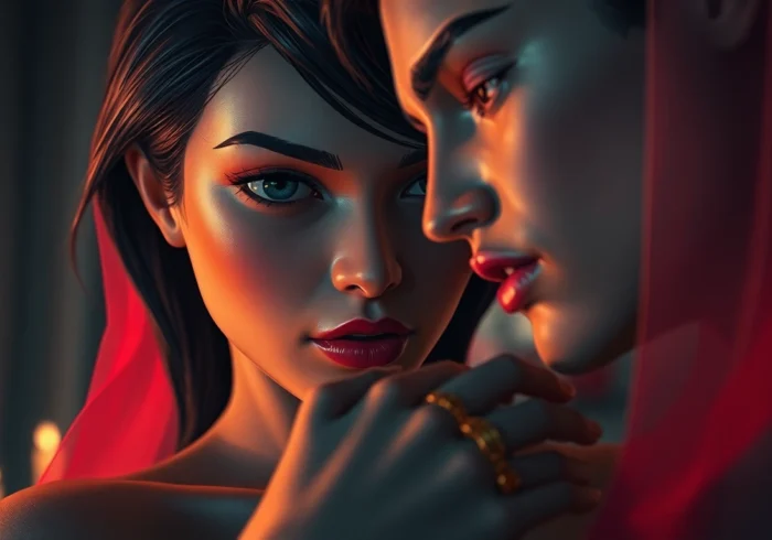 Close-up of an expressive AI character in a sensual, intimate setting with warm lighting and realistic textures.