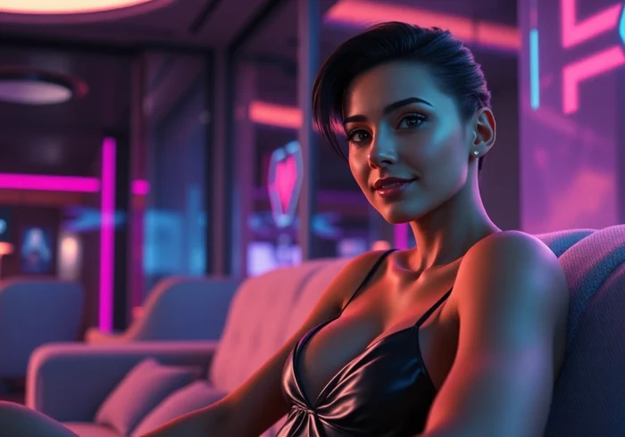 A realistic AI character sitting in a high-tech, neon-lit room, creating an intimate and futuristic atmosphere.