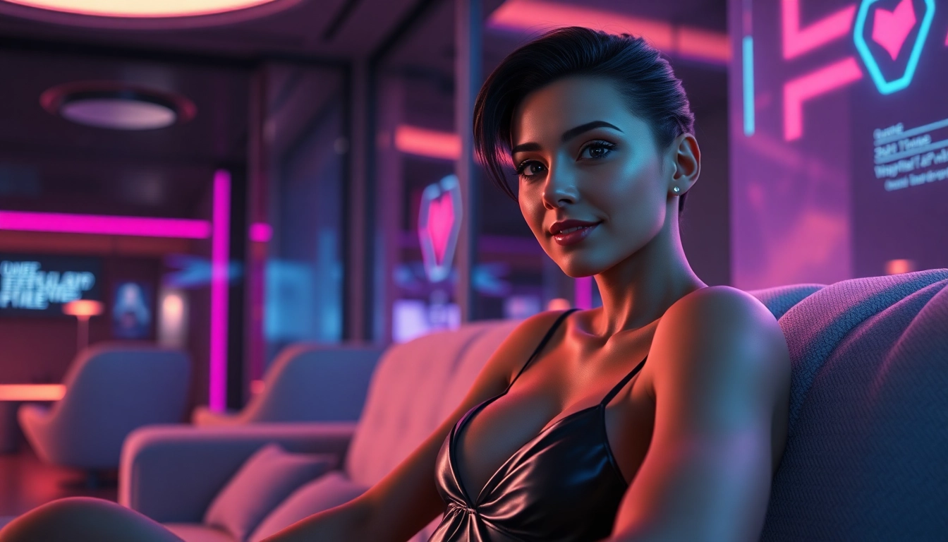 A realistic AI character sitting in a high-tech, neon-lit room, creating an intimate and futuristic atmosphere.