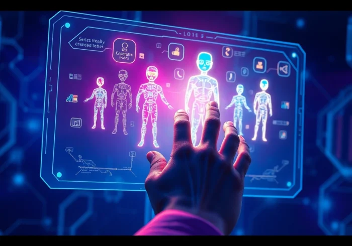 An illustration of a user interacting with a holographic AI interface displaying colorful character visuals in a futuristic setting.