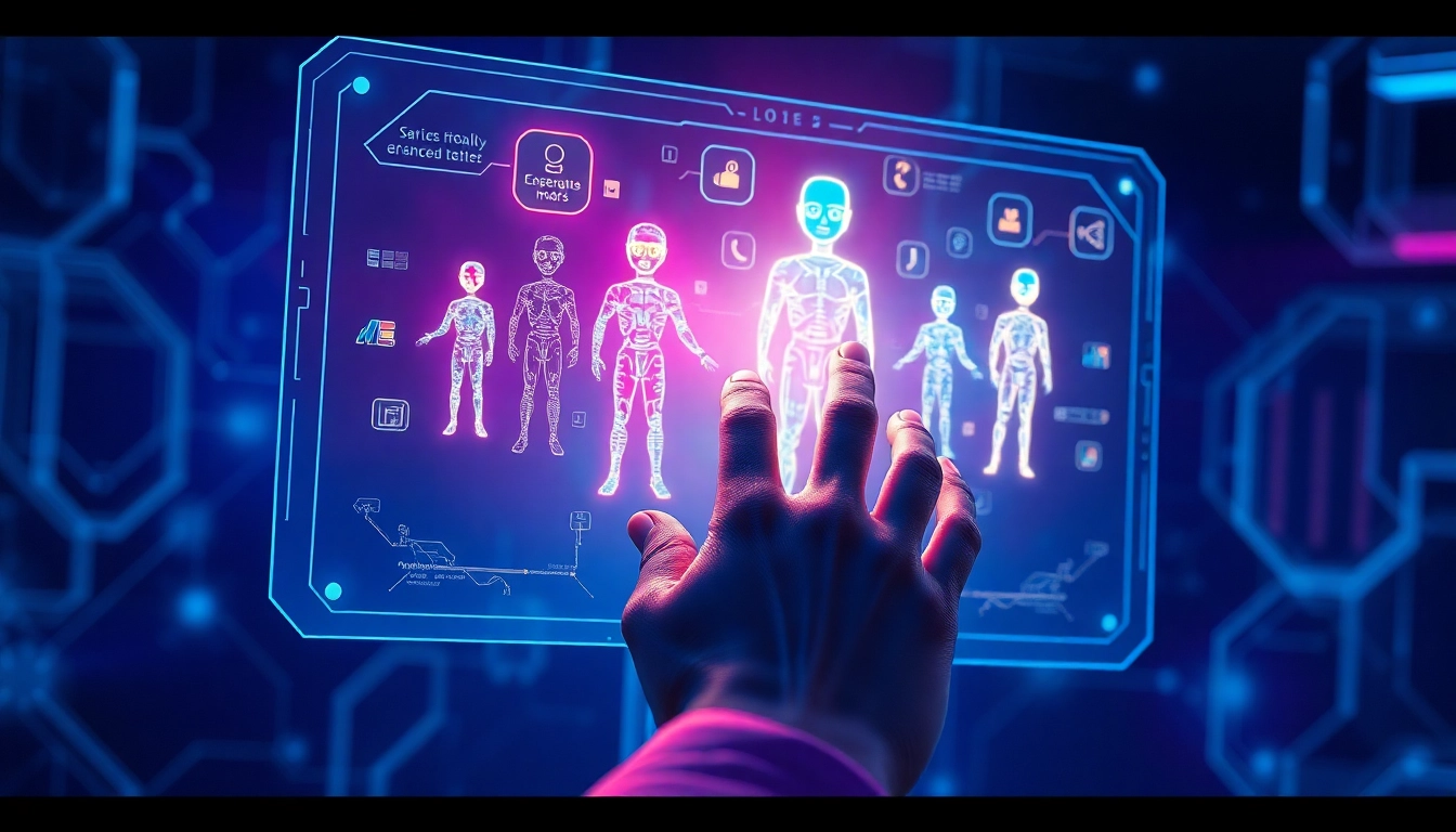 An illustration of a user interacting with a holographic AI interface displaying colorful character visuals in a futuristic setting.