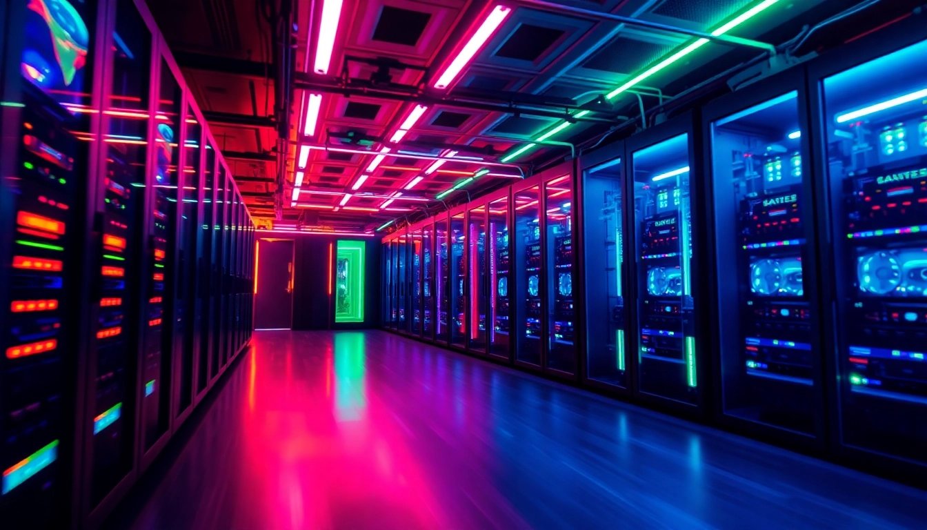Professional Minecraft server host showcasing a secure, fast, and reliable gaming server setup with neon lighting and advanced hardware components.