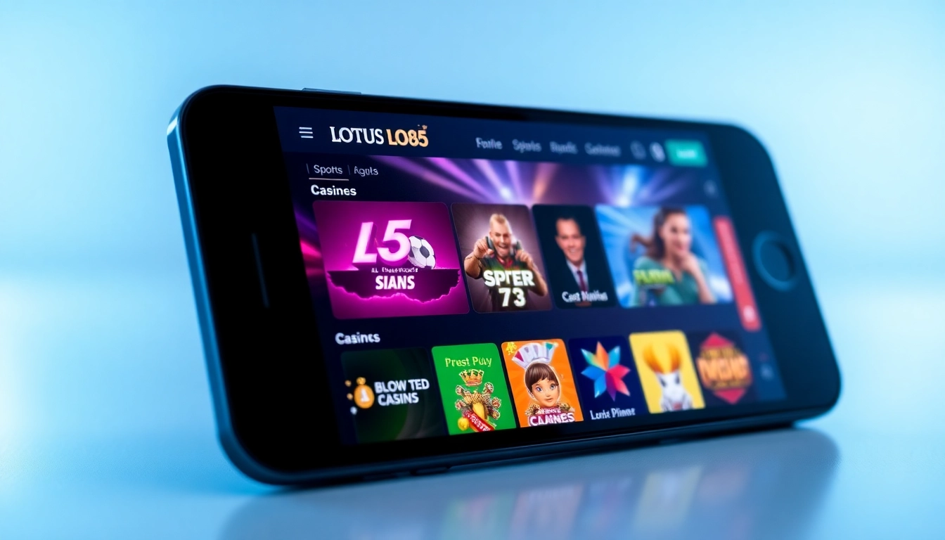 Lotus 365 online betting platform smartphone screen showcasing live sports and casino games for Indian users.