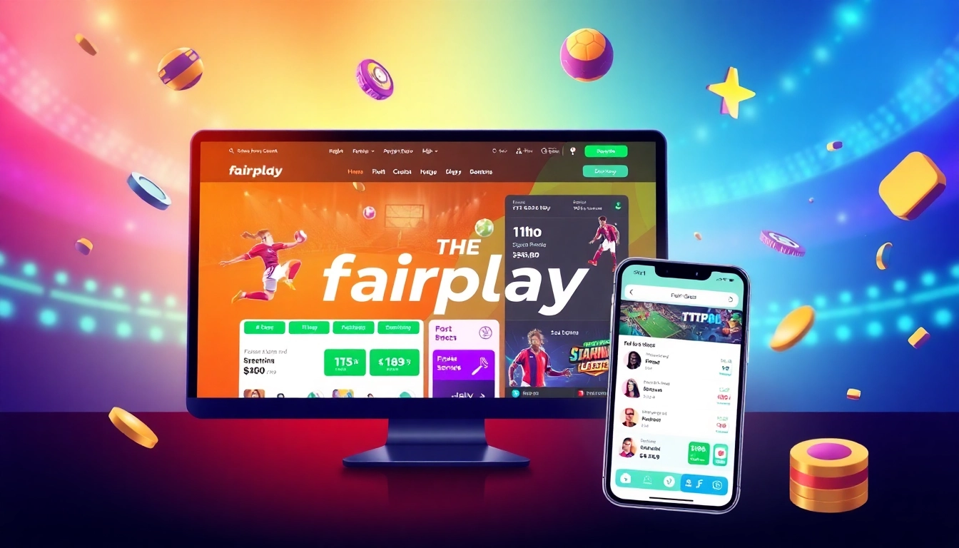 Fairplay online betting platform shown on mobile and desktop screens, highlighting sports betting and casino games for Indian users.