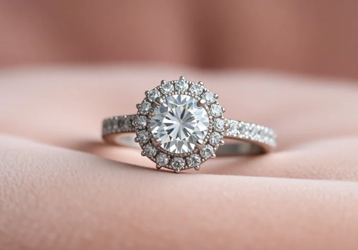 Elegant halo engagement rings with dazzling diamonds encircling the center stone, boosting sparkle and brilliance.