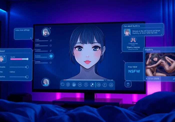 Futuristic AI girlfriend interface with customizable avatar in a neon-lit room