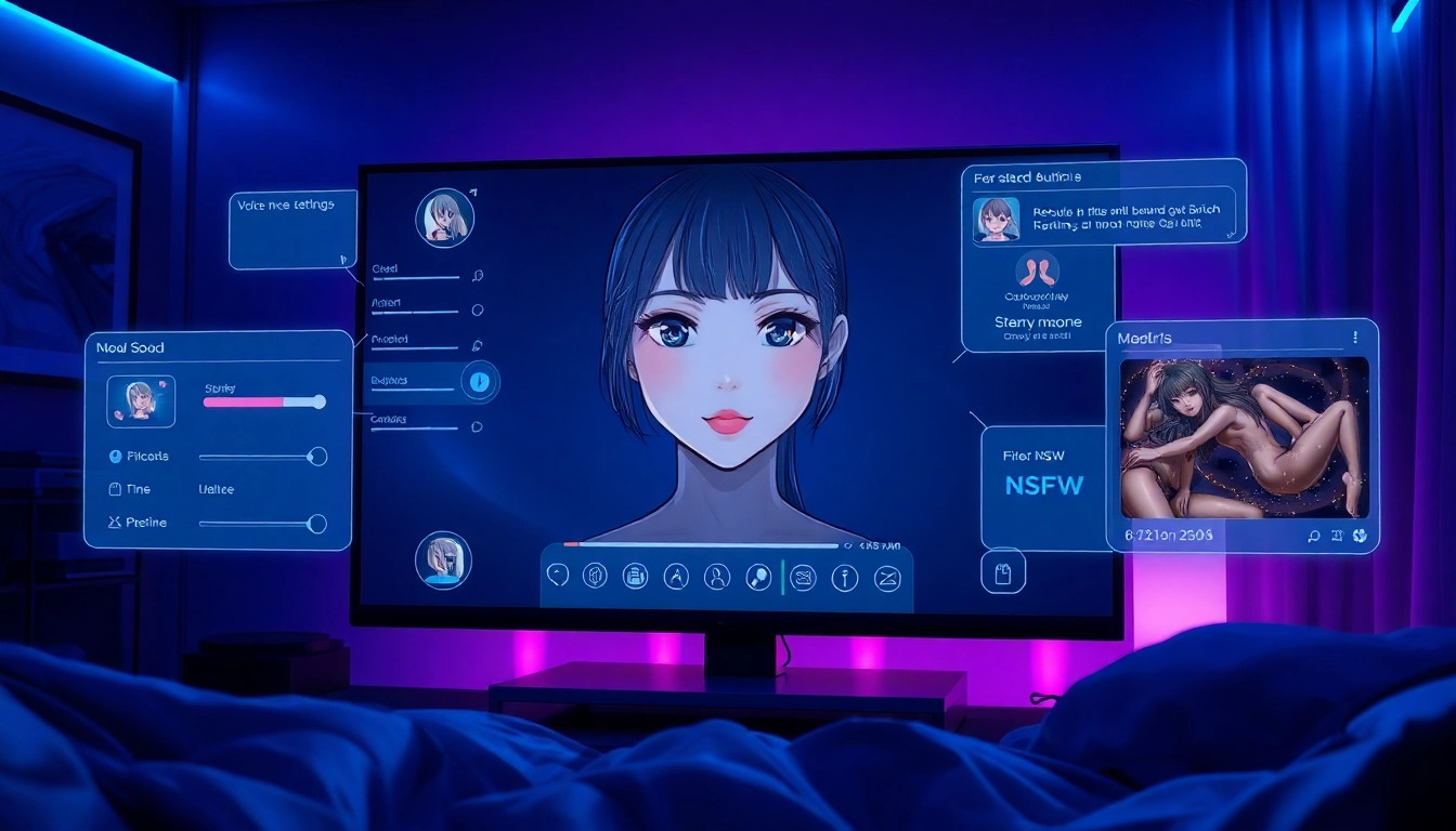 Futuristic AI girlfriend interface with customizable avatar in a neon-lit room